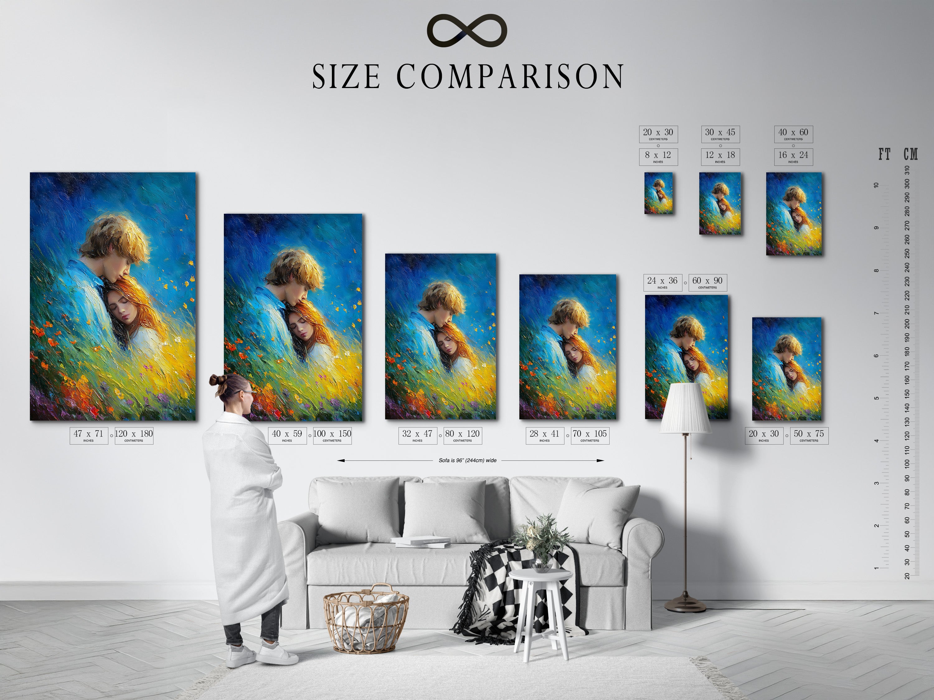 A size comparison chart displayed in a stylish interior. Easily visualize how different sizes of artwork will look. This guide helps you choose the perfect size for your space. See how artwork can transform a room's ambiance. Choose the right size to make a statement. Find the perfect fit for your wall