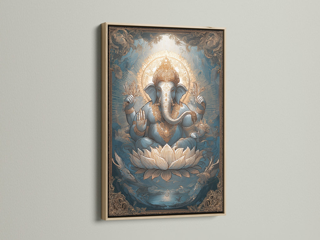 Ganesha Canvas Art in an oak frame. The Hindu deity print brings spiritual essence. The Elephant God art is ideal for meditation rooms. This Lotus art print enhances any hindu home decor.