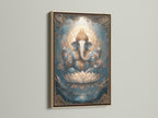 Ganesha Canvas Art in an oak frame. The Hindu deity print brings spiritual essence. The Elephant God art is ideal for meditation rooms. This Lotus art print enhances any hindu home decor.