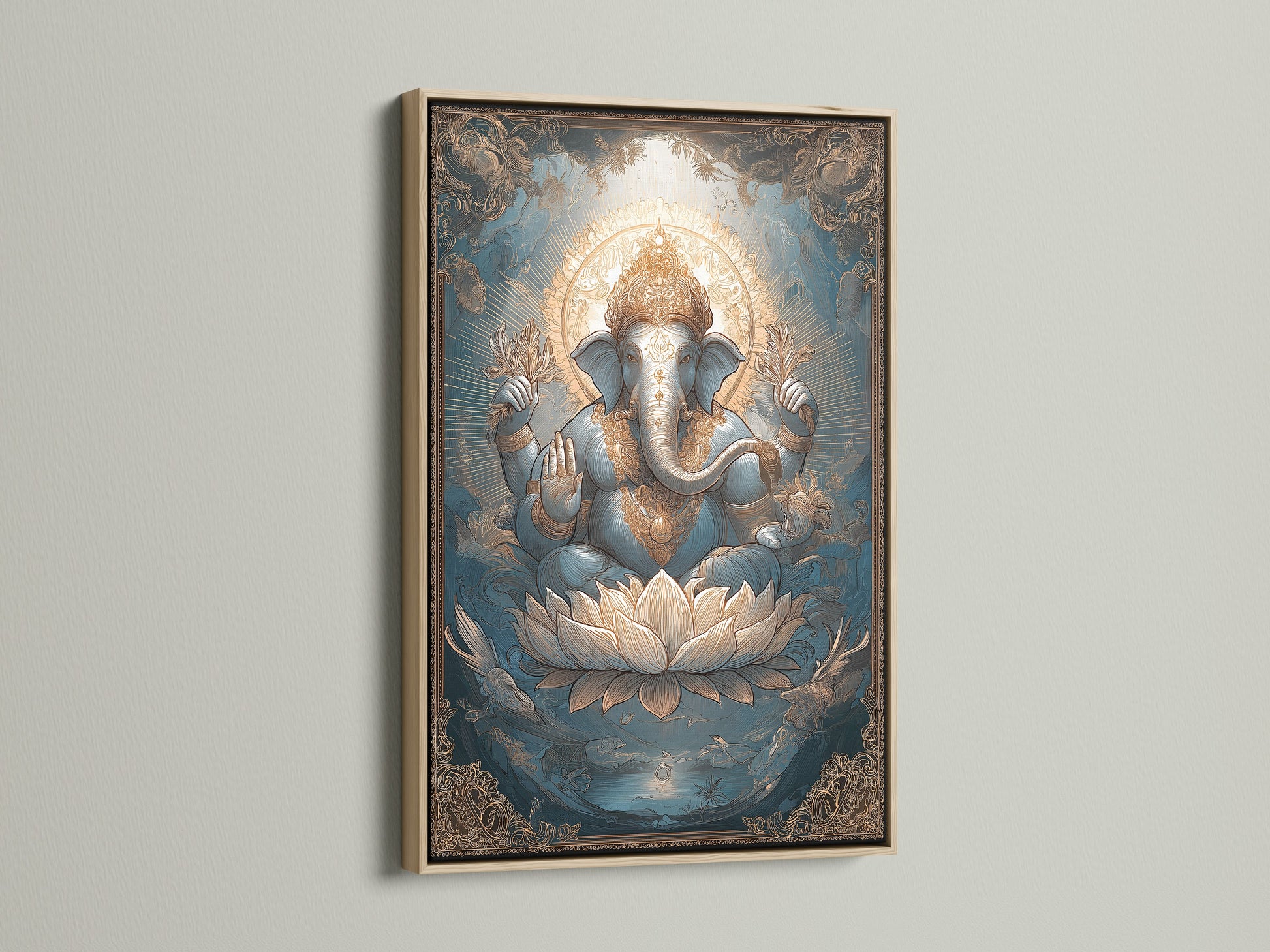Ganesha Canvas Art in an oak frame. The Hindu deity print brings spiritual essence. The Elephant God art is ideal for meditation rooms. This Lotus art print enhances any hindu home decor.