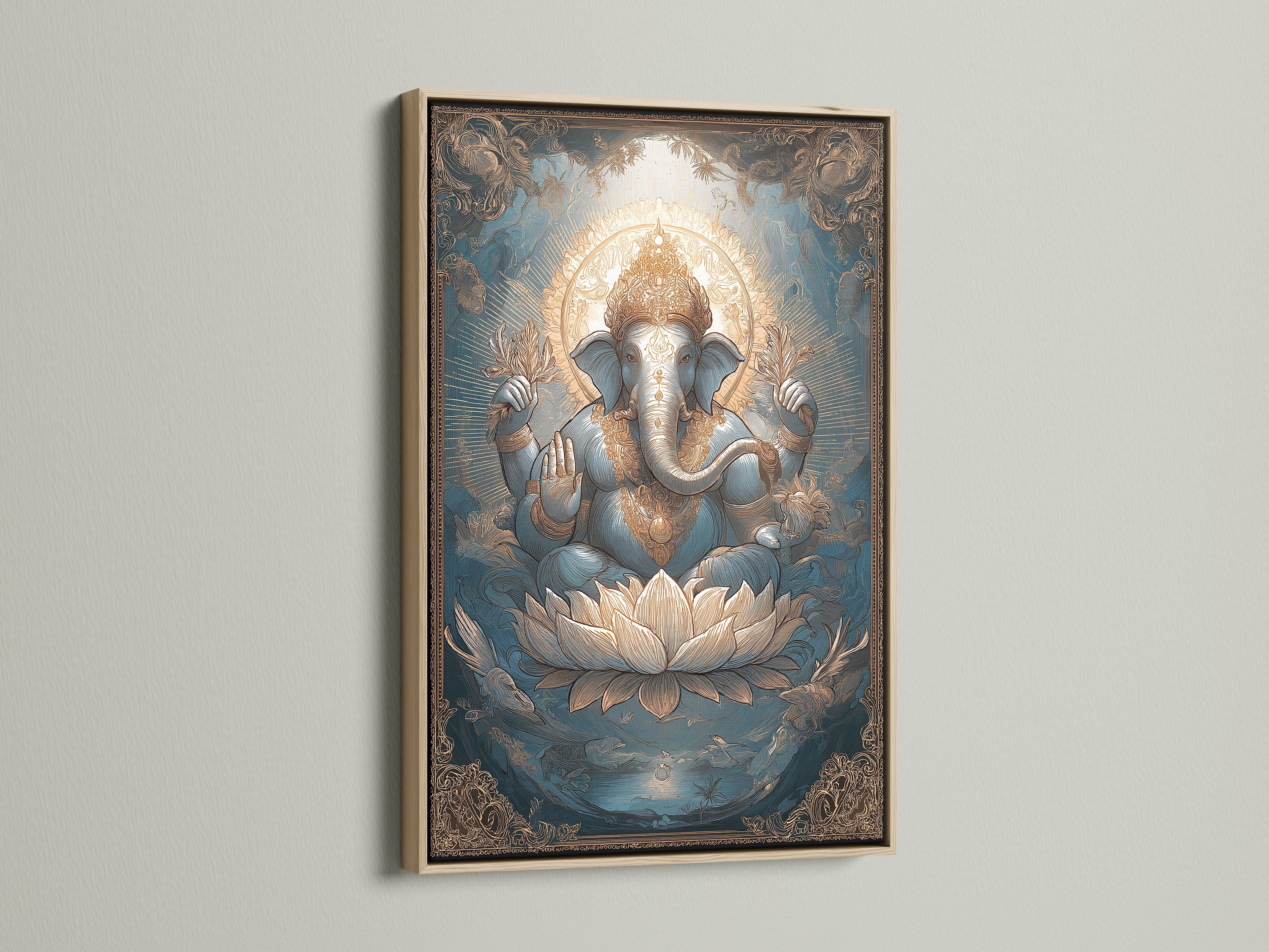 Ganesha Canvas Art in an oak frame. The Hindu deity print brings spiritual essence. The Elephant God art is ideal for meditation rooms. This Lotus art print enhances any hindu home decor.