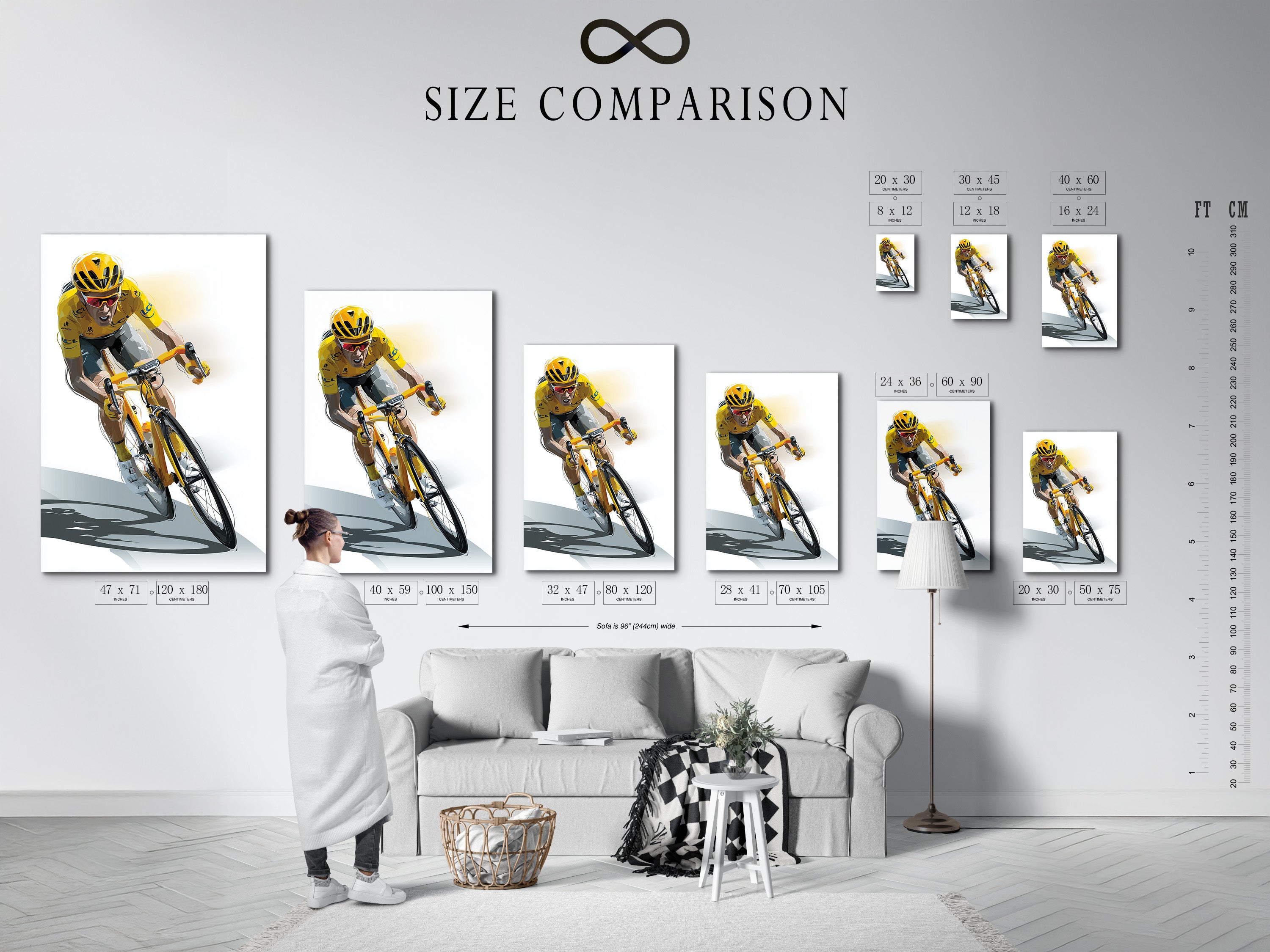 A size comparison chart is shown in an interior. It helps visualize artwork dimensions. Choose the perfect size for your space. See how different sizes can impact your room. Plan your art display effectively.