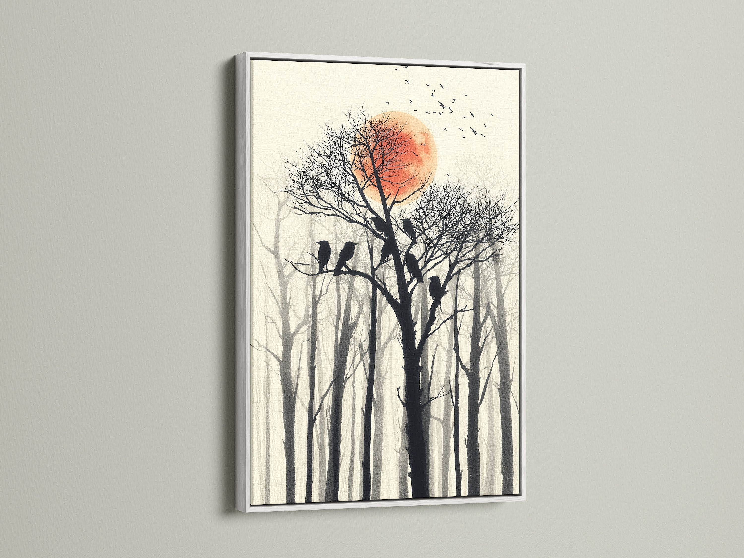 Birds on tree canvas print. This artwork features a red sun and a forest silhouette. The artwork is framed in a white frame. Great for living room art bedroom wall decor or office wall art.