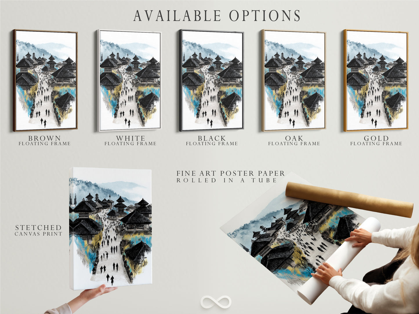 Explore available options for the Balinese Temple artwork. Choose from a stretched canvas print fine art poster paper or a floating frame. Customize your Asian architecture wall art to fit your style. Perfect for adding a touch of Southeast Asia to any space.