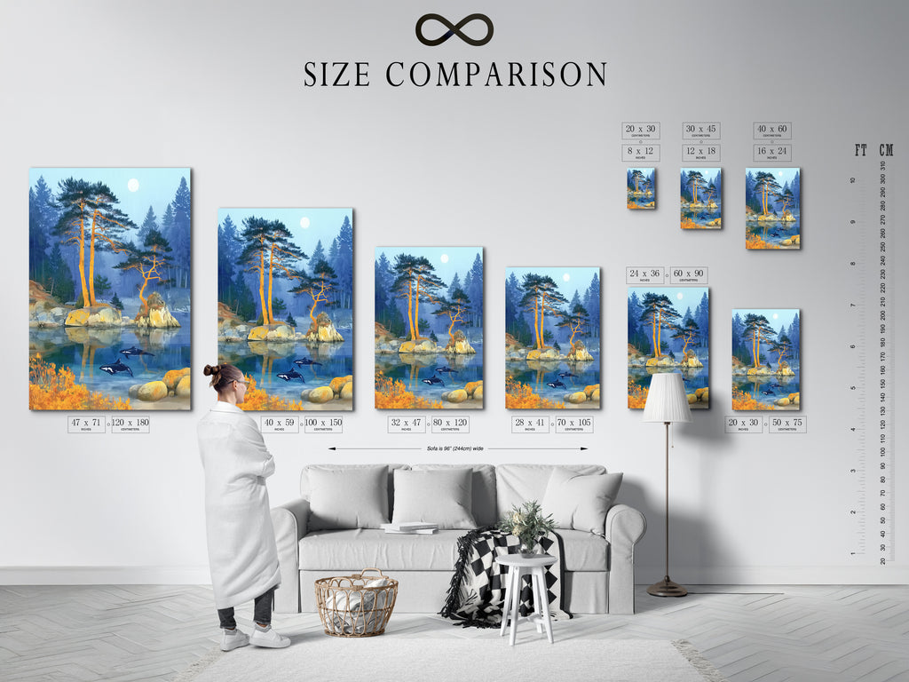 A size comparison chart displayed in an interior setting. The chart shows the various sizes available for the Orca Lake artwork. The artwork features orcas swimming in a misty lake with pine trees. See which size fits best for your space. Perfect for planning your home decor.