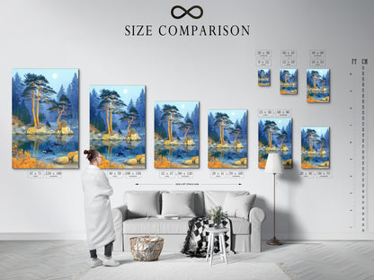 A size comparison chart displayed in an interior setting. The chart shows the various sizes available for the Orca Lake artwork. The artwork features orcas swimming in a misty lake with pine trees. See which size fits best for your space. Perfect for planning your home decor.