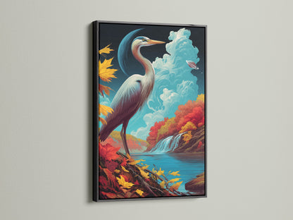 A black frame creates a bold statement for this heron bird canvas. The contrast enhances the teal blue and orange autumn scene. This framed nature artwork is perfect for modern interiors.