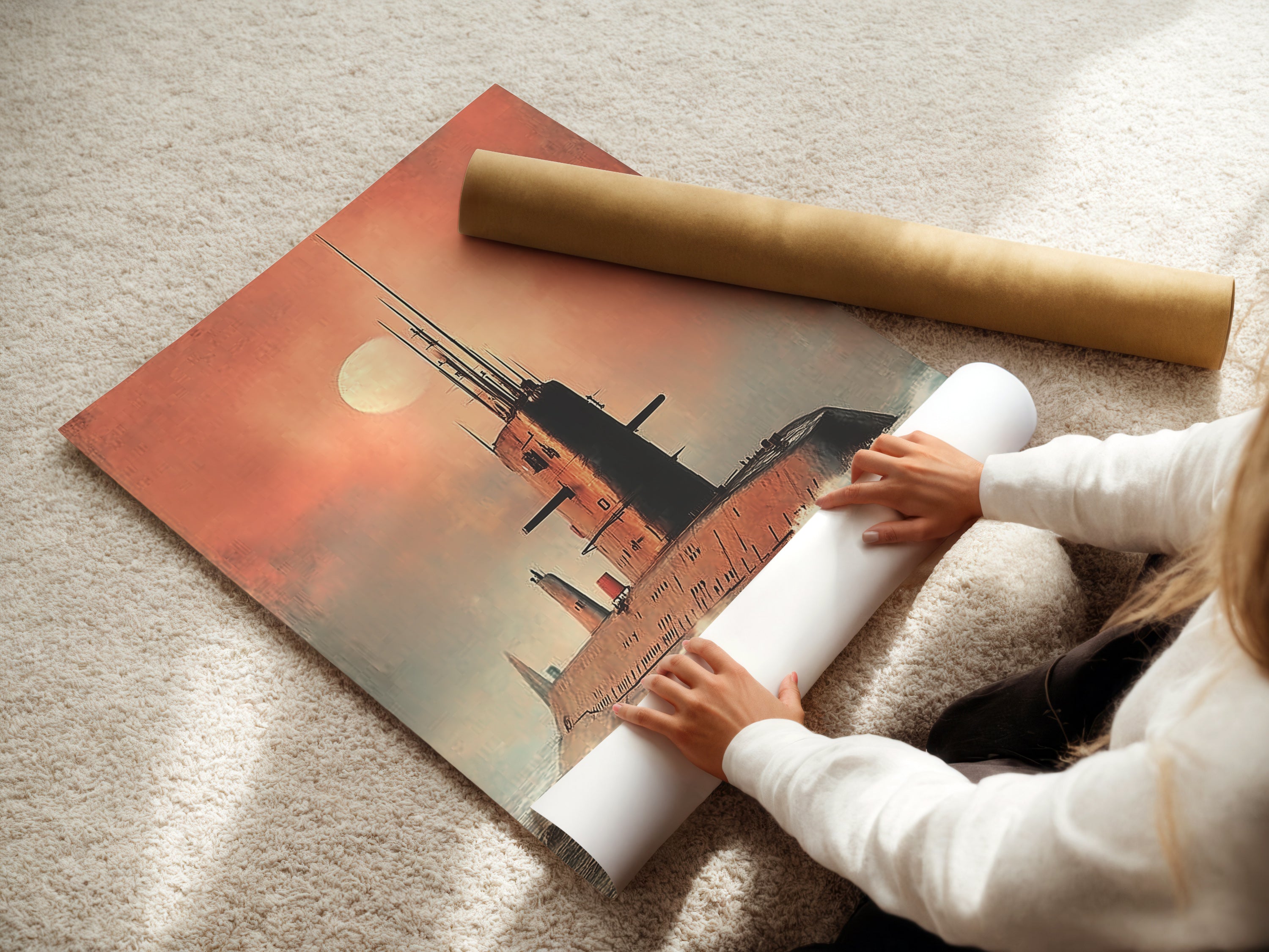 A woman rolling a fine art poster paper. The paper showcases submarine art. This allows for custom framing and a personalized touch. Perfect for creating your own unique military wall decor. Explore our range of vintage naval art.