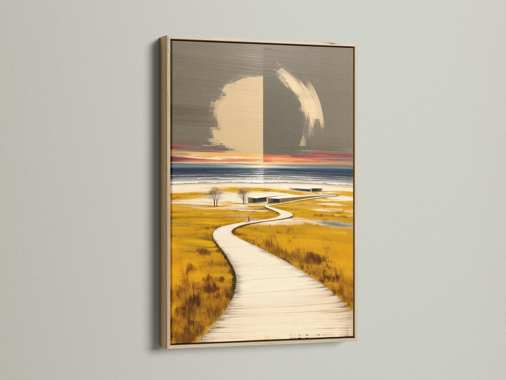Coastal artwork displayed in an oak frame. The boardwalk print captures a serene nature scene. Perfect as living room artwork or office wall decor. The oak frame enhances the coastal artwork's natural aesthetic. The frame complements minimalist coastal designs.