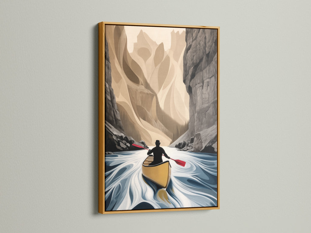 Canoe River artwork in a gold frame. This piece of canoeing gifts captures a tranquil river scene. The mountain landscape offers a sense of adventure. It is ideal for cabins lodges and retreats seeking adventure decor
