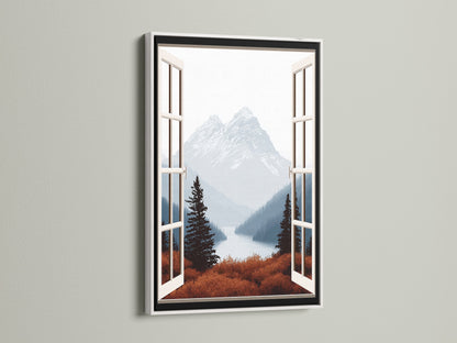 Mountain View Canvas Print in a white frame. This artwork captures a serene nature landscape through an open window. The mountain scene provides a calming atmosphere. Enhance your home wall decor with this scenic print. Ideal for adding a touch of nature to any room including living rooms and bedrooms.