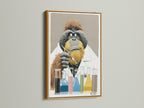 This is a gold frame featuring the Orangutan Scientist artwork. The artwork features a thoughtful orangutan in a lab coat. Test tubes filled with colorful liquids sit before him. This unique piece is perfect for adding a touch of curiosity to your home or office decor.