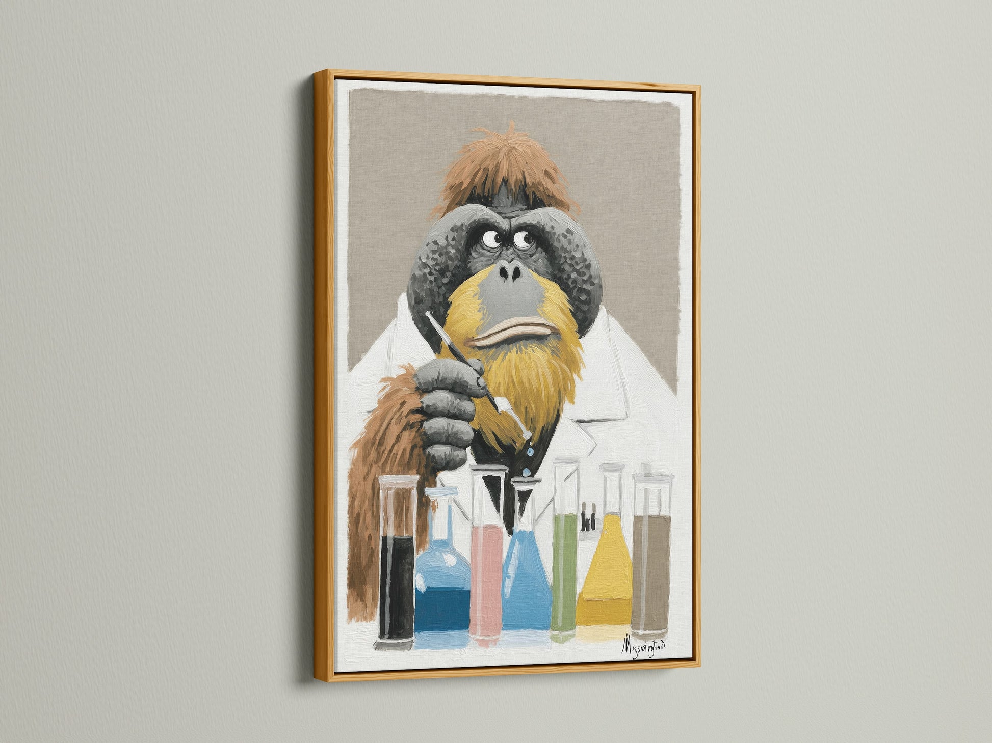 This is a gold frame featuring the Orangutan Scientist artwork. The artwork features a thoughtful orangutan in a lab coat. Test tubes filled with colorful liquids sit before him. This unique piece is perfect for adding a touch of curiosity to your home or office decor.