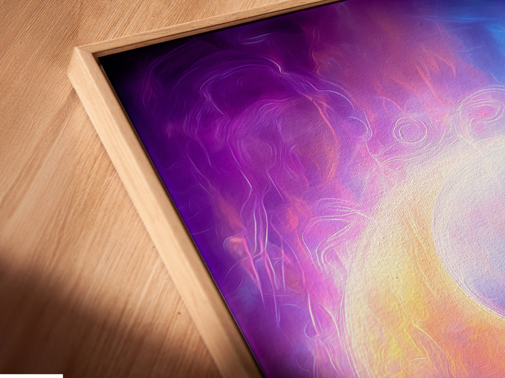 This is a close-up of a canvas print in a floating frame. The Yin Yang cosmic energy wall art is visible. The spiritual purple and blue abstract art is on display. It is perfect for adding zen to your space. Explore cosmic energy prints and chakra wall art