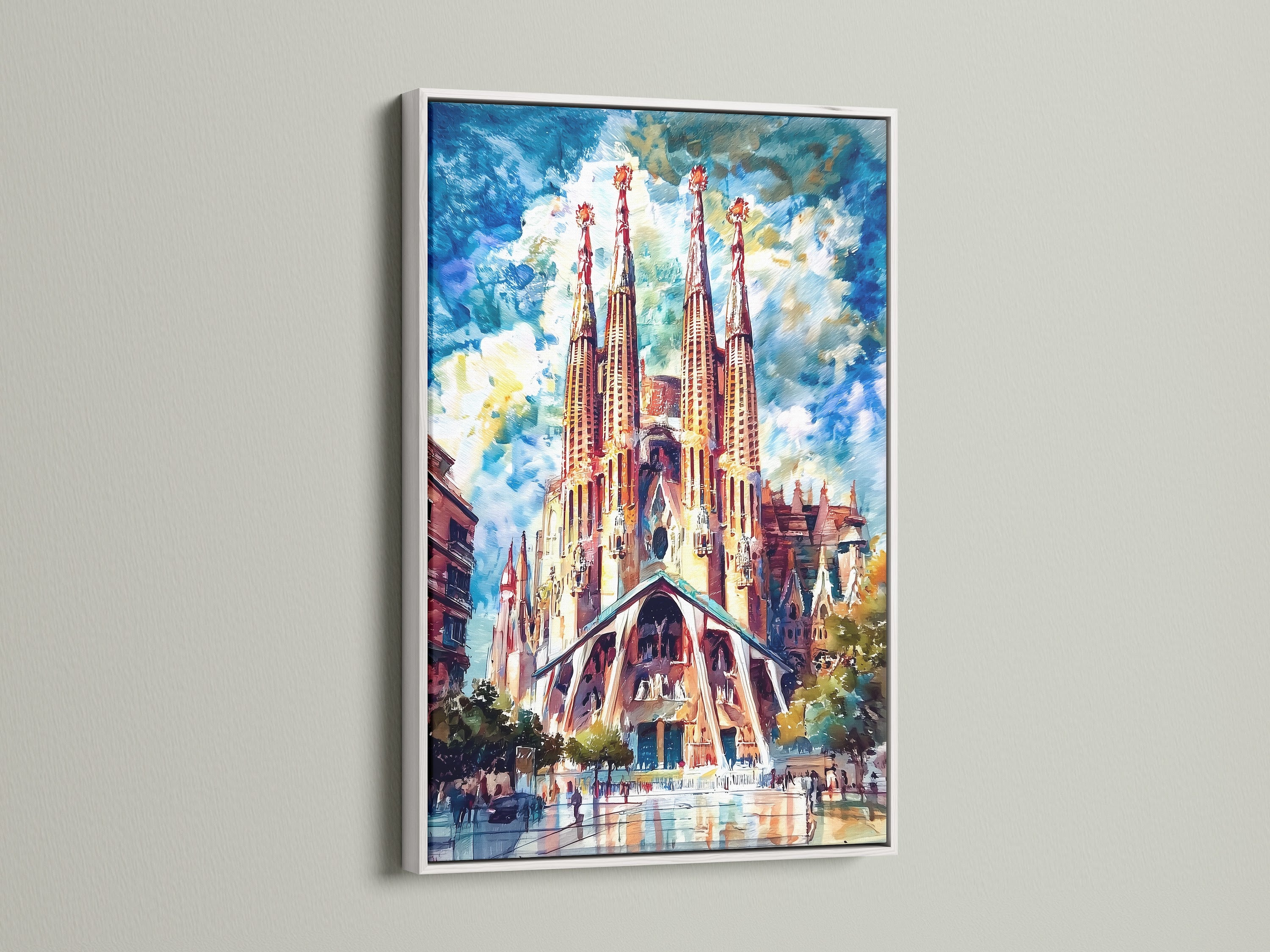 Sagrada Familia artwork with a white frame. This Barcelona wall art is a stunning architectural print. The gothic cathedral poster enhances any room. Perfect Spain decor for a modern or vintage style. Brighten your space today.