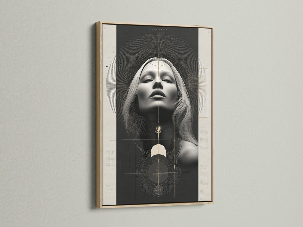 Mystical Woman Portrait canvas artwork in an oak frame. Enhance your space with this modern spiritual piece. Ideal for boho bedroom decor or as occult wall decor. The artwork combines sacred geometry with divine feminine art. It is perfect for creating a serene atmosphere.