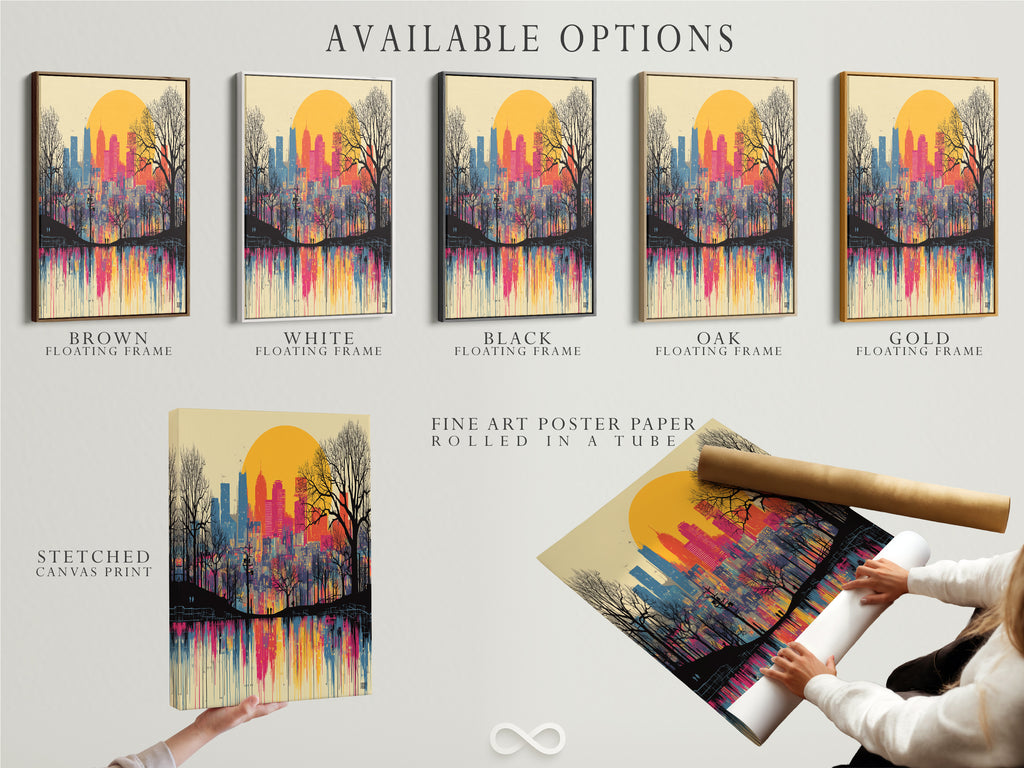 Available options for the City Skyline artwork. Choose from a stretched canvas print fine art poster paper or a floating frame. This colorful wall decor is perfect for any style. Customize your art to fit your unique space. Select your preferred format.