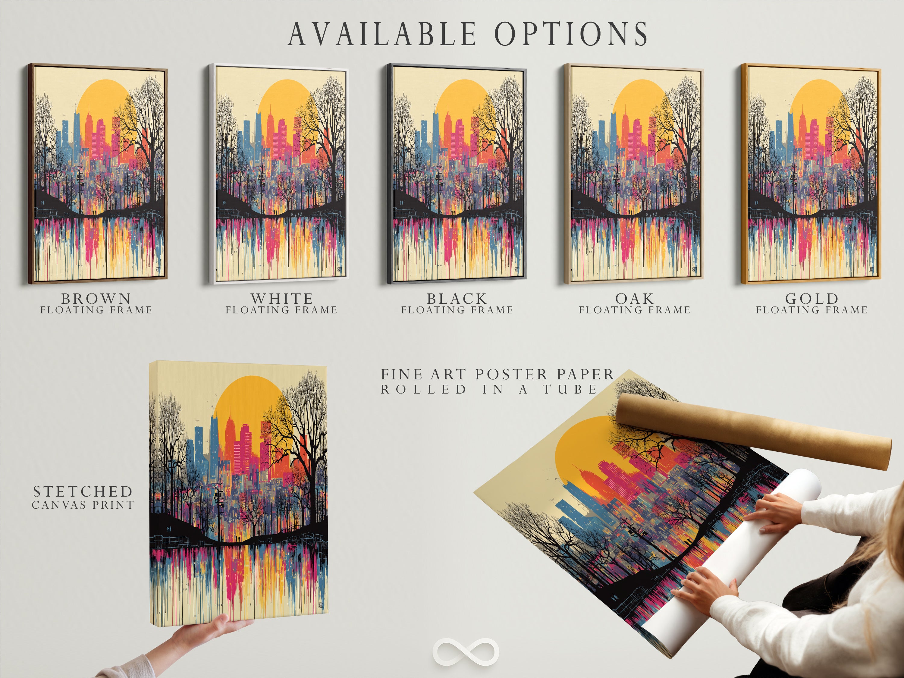 Available options for the City Skyline artwork. Choose from a stretched canvas print fine art poster paper or a floating frame. This colorful wall decor is perfect for any style. Customize your art to fit your unique space. Select your preferred format.