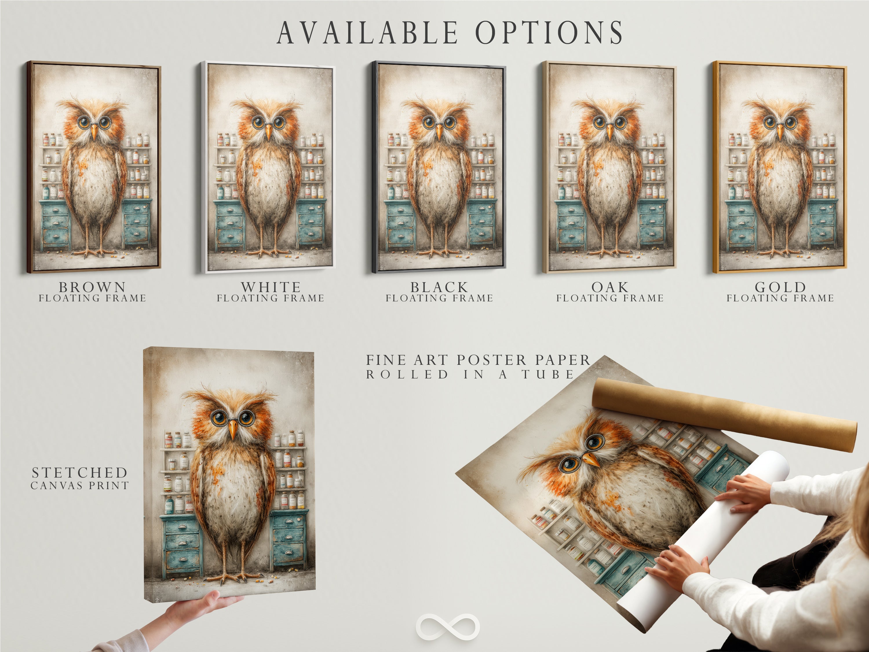 Explore available options for owl apothecary artwork. Choose from stretched canvas prints fine art poster paper or a floating frame. Customize your vintage pharmacy art to fit your style. Perfect for office wall art and study room decor. Find the ideal owl artwork for professionals and art lovers. Discover the possibilities today.