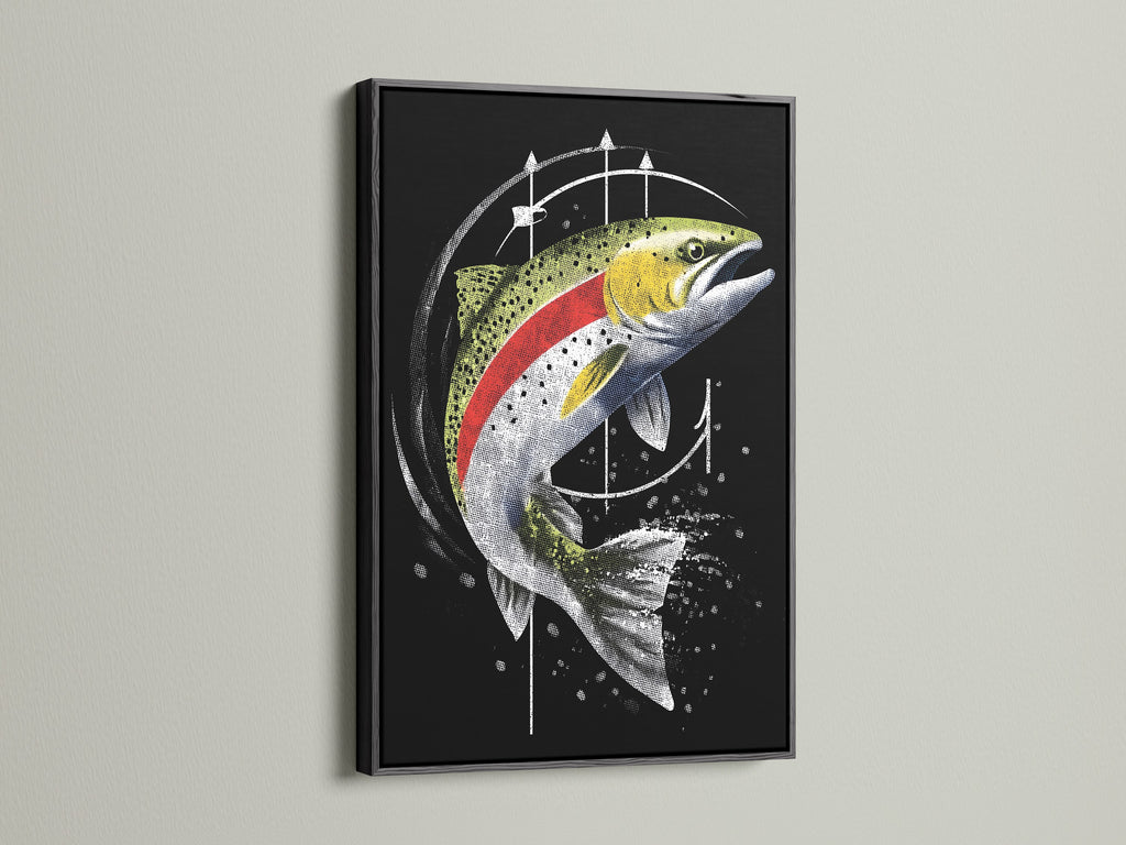 The Trout Canvas Print in a black frame offers a striking contrast. The fish wall art becomes a focal point. Ideal for modern spaces and sportsman decor. This piece adds a sophisticated angler gift. A stylish addition to cabin art.