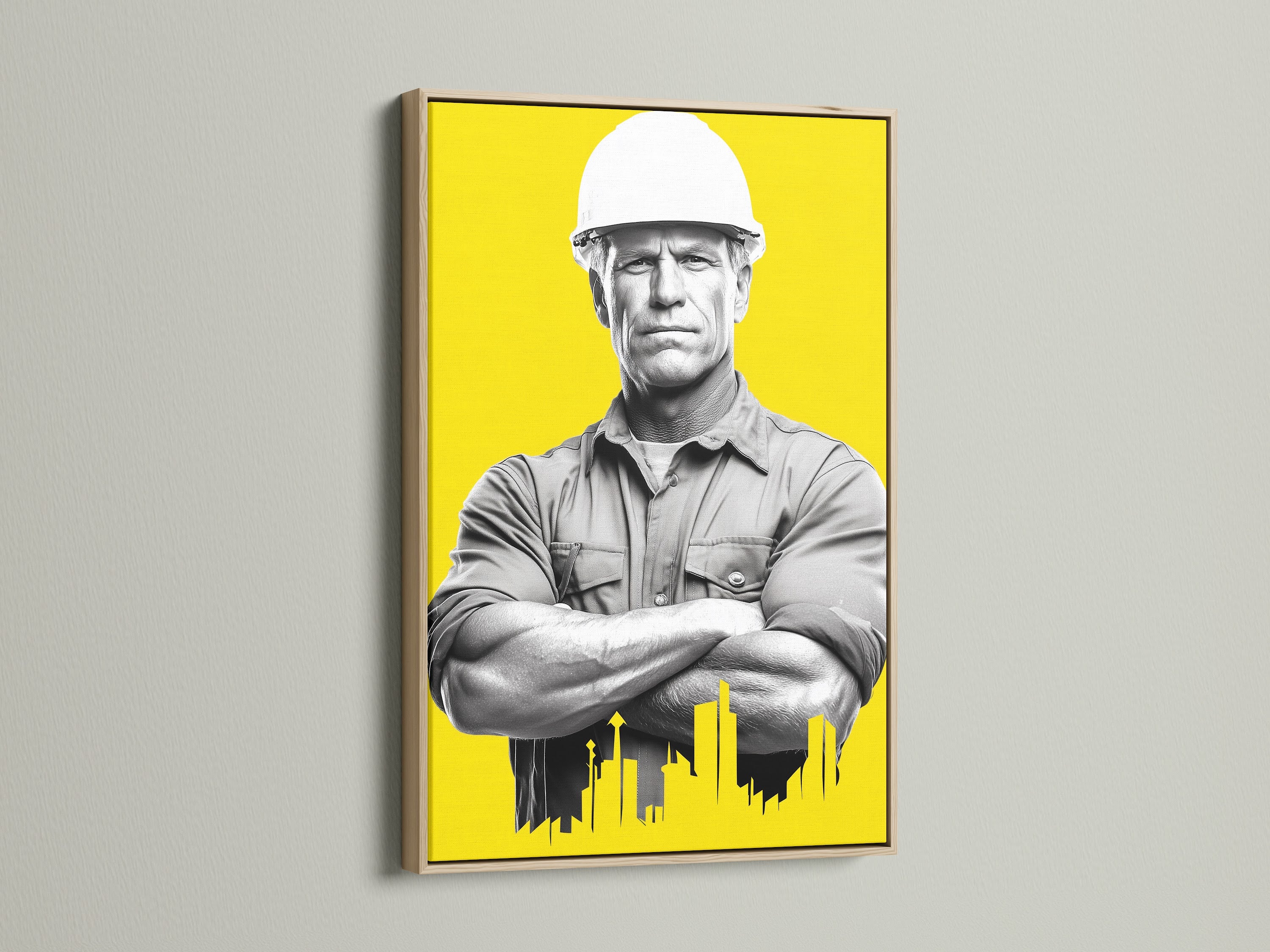 Construction Worker artwork with an oak frame. This architect print is a great gift for engineers. It is modern canvas art that can be used as yellow wall art. It is perfect for office wall decor. It makes a great worker artwork for building art.
