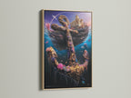 This image features an underwater anchor artwork in an oak frame. The nautical print showcases a sunken ship and a golden anchor decorated with flowers and sea life. This ocean canvas art brings a touch of coastal decor to your home. Perfect for nautical art lovers.
