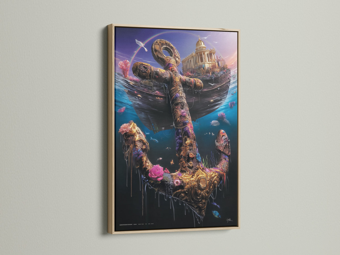 This image features an underwater anchor artwork in an oak frame. The nautical print showcases a sunken ship and a golden anchor decorated with flowers and sea life. This ocean canvas art brings a touch of coastal decor to your home. Perfect for nautical art lovers.