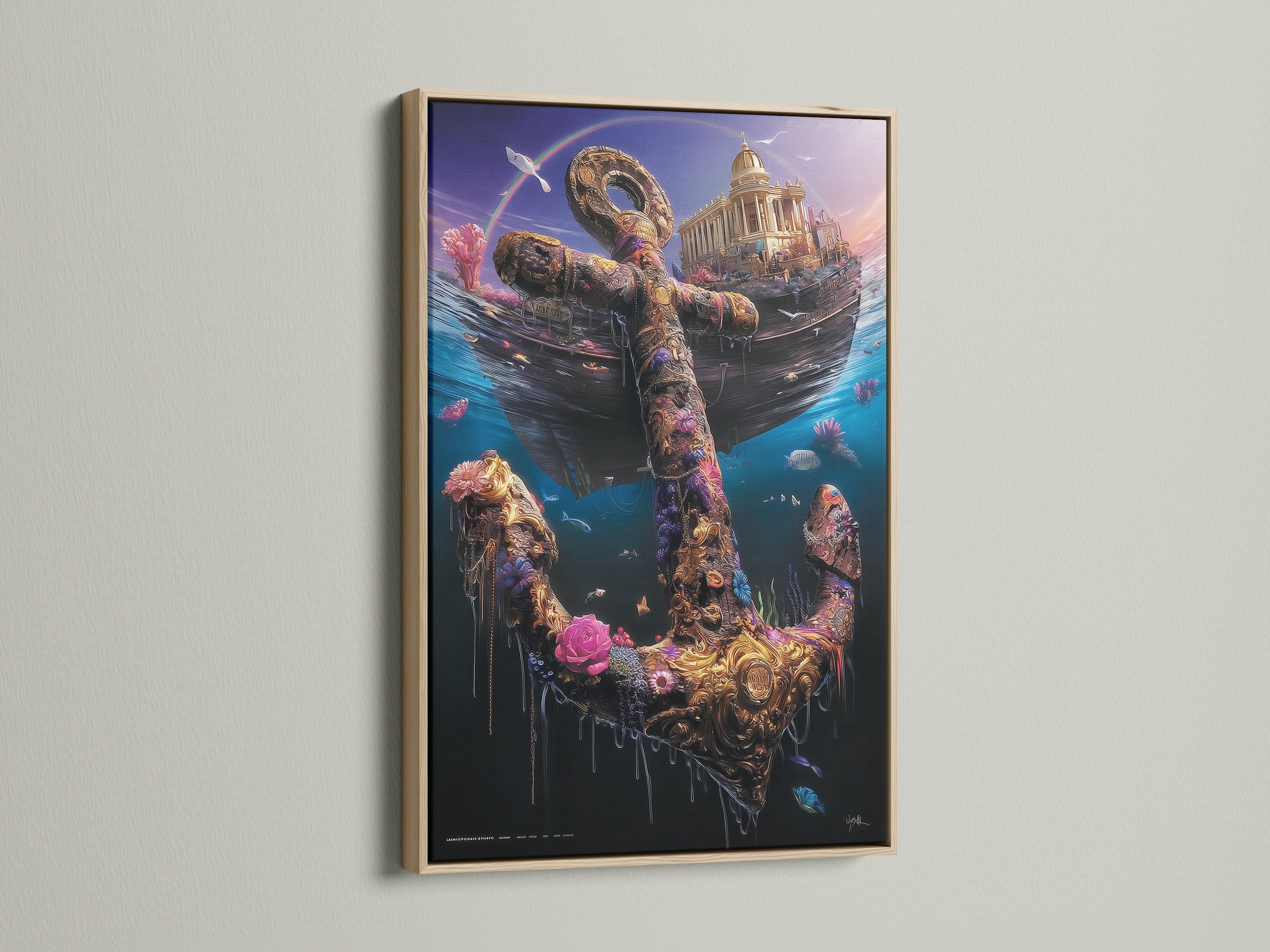 This image features an underwater anchor artwork in an oak frame. The nautical print showcases a sunken ship and a golden anchor decorated with flowers and sea life. This ocean canvas art brings a touch of coastal decor to your home. Perfect for nautical art lovers.