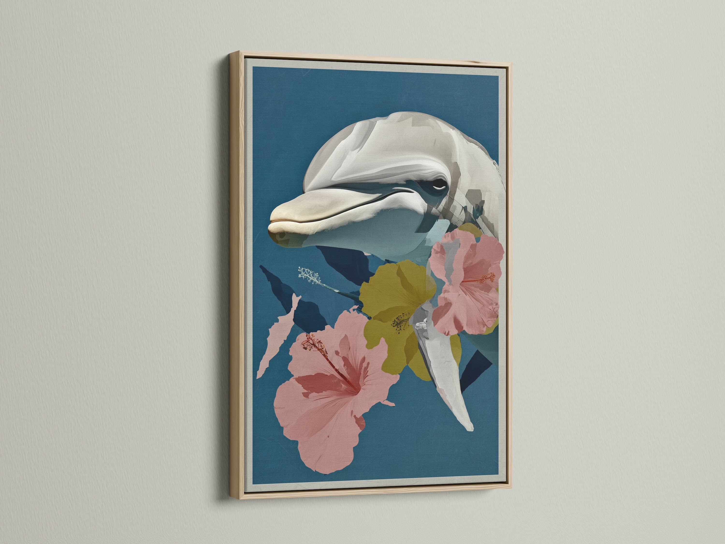 Whale botanical art print in an oak frame. This artwork features a whale and tropical hibiscus flowers. It's perfect for coastal wall decor. The ocean animal print adds a touch of marine life art.
