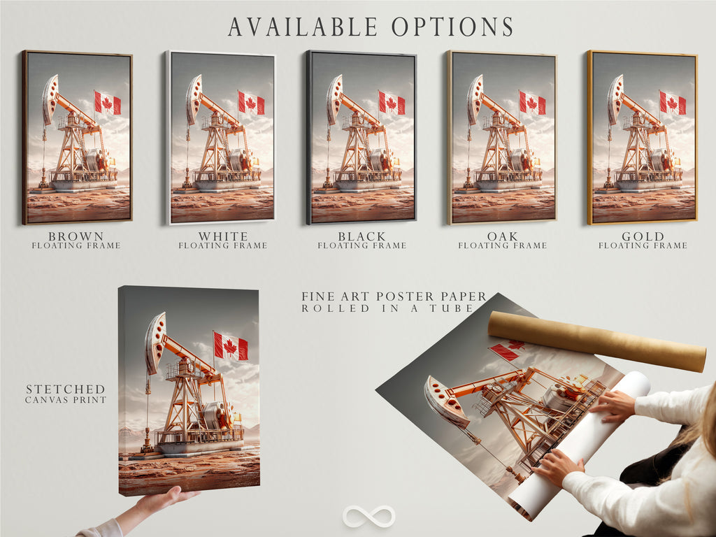 Available options for the Oil Derrick artwork. Choose between a stretched canvas print fine art poster paper or a floating frame. Canadian Flag artwork for rustic industrial decor.