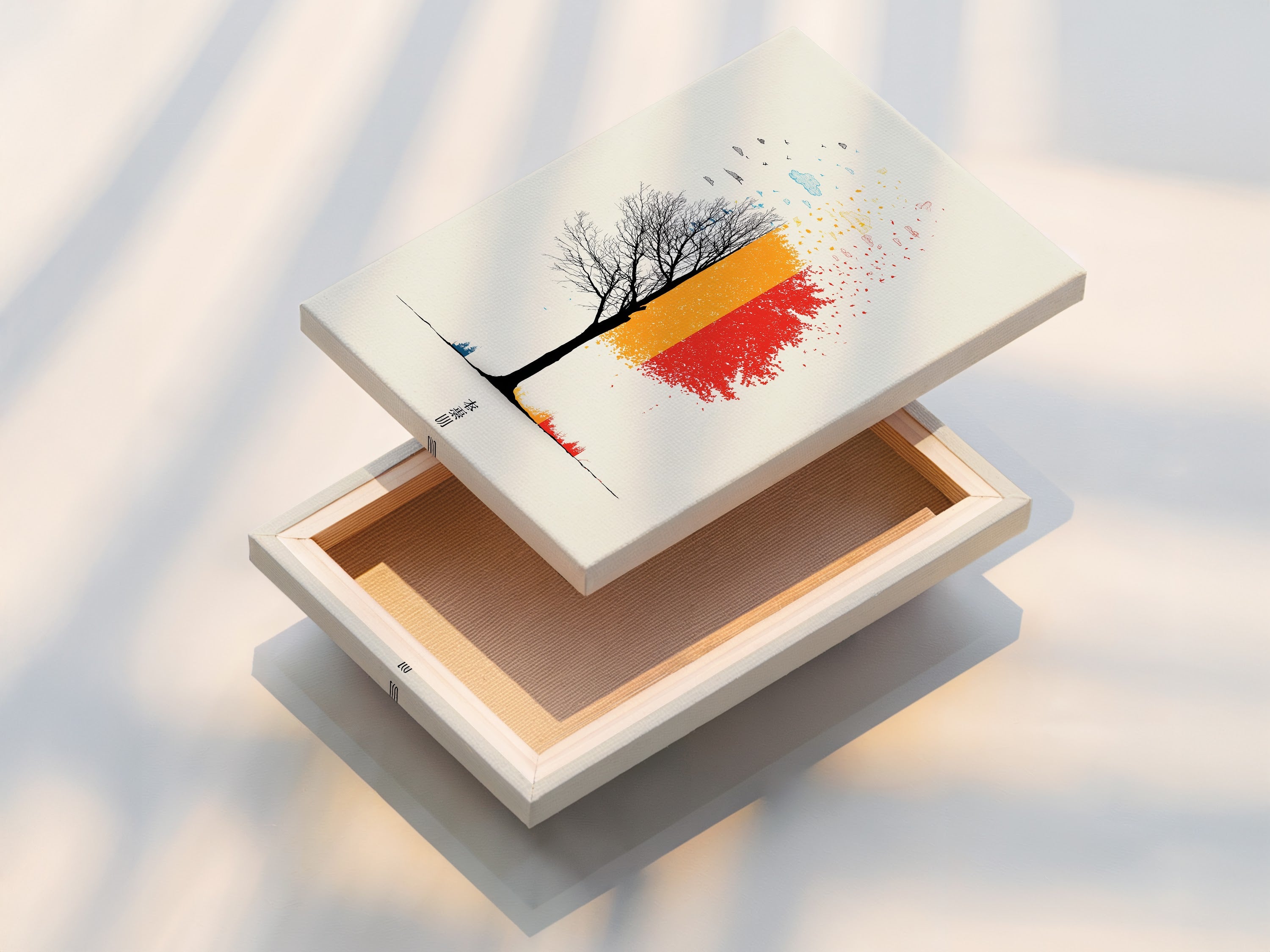 A stretched canvas print of abstract tree artwork. Showcasing vibrant red and orange hues. This modern wall art is ready to hang. It's perfect for adding a contemporary touch to any room. Nature-inspired artwork for your office or home decor.