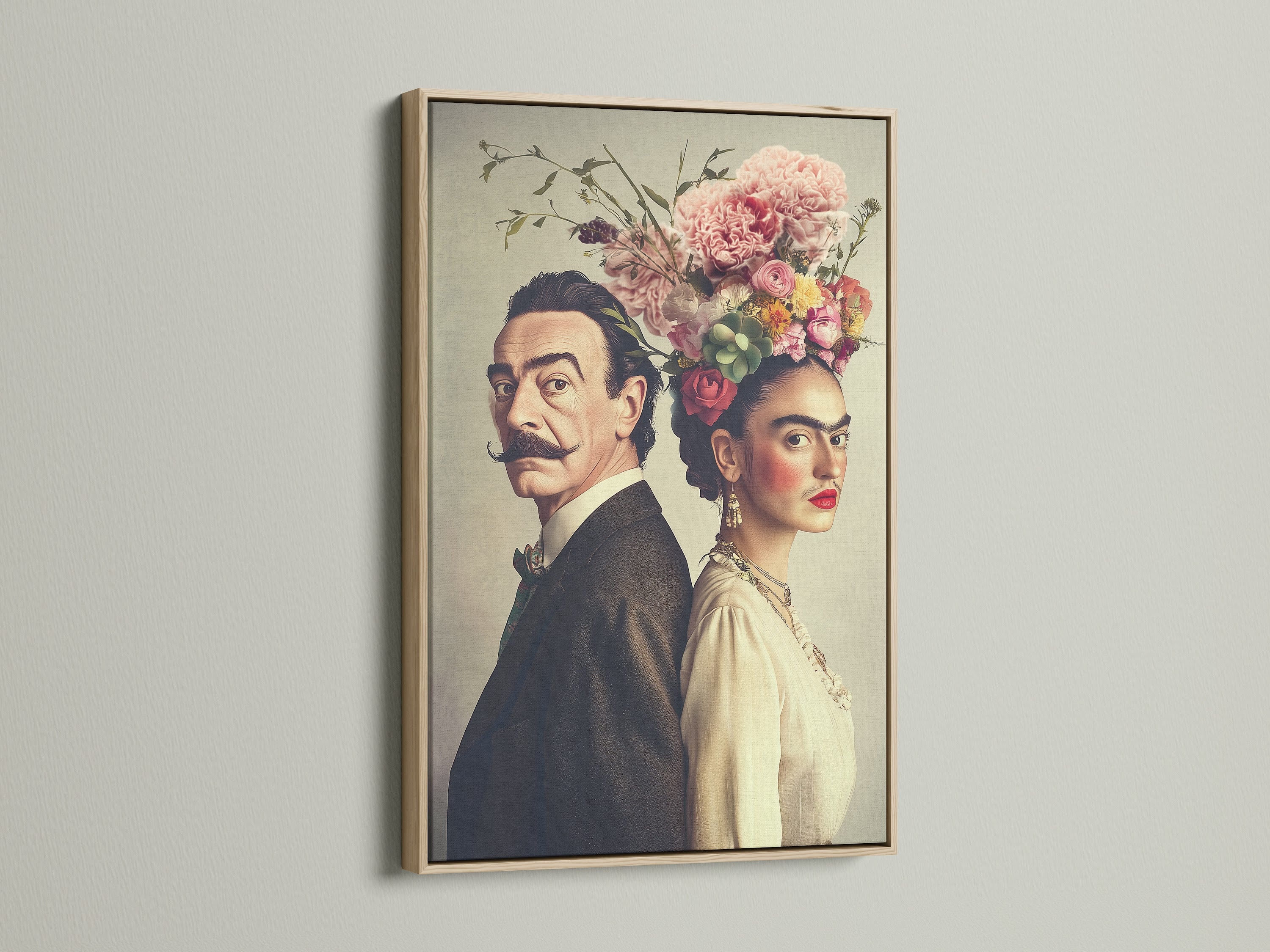 Vintage couple portrait art in an oak frame. This victorian wall art adds a touch of class to any room. The floral crown art brings a unique aesthetic. Add this piece to your living room wall or bedroom wall for a vintage touch.