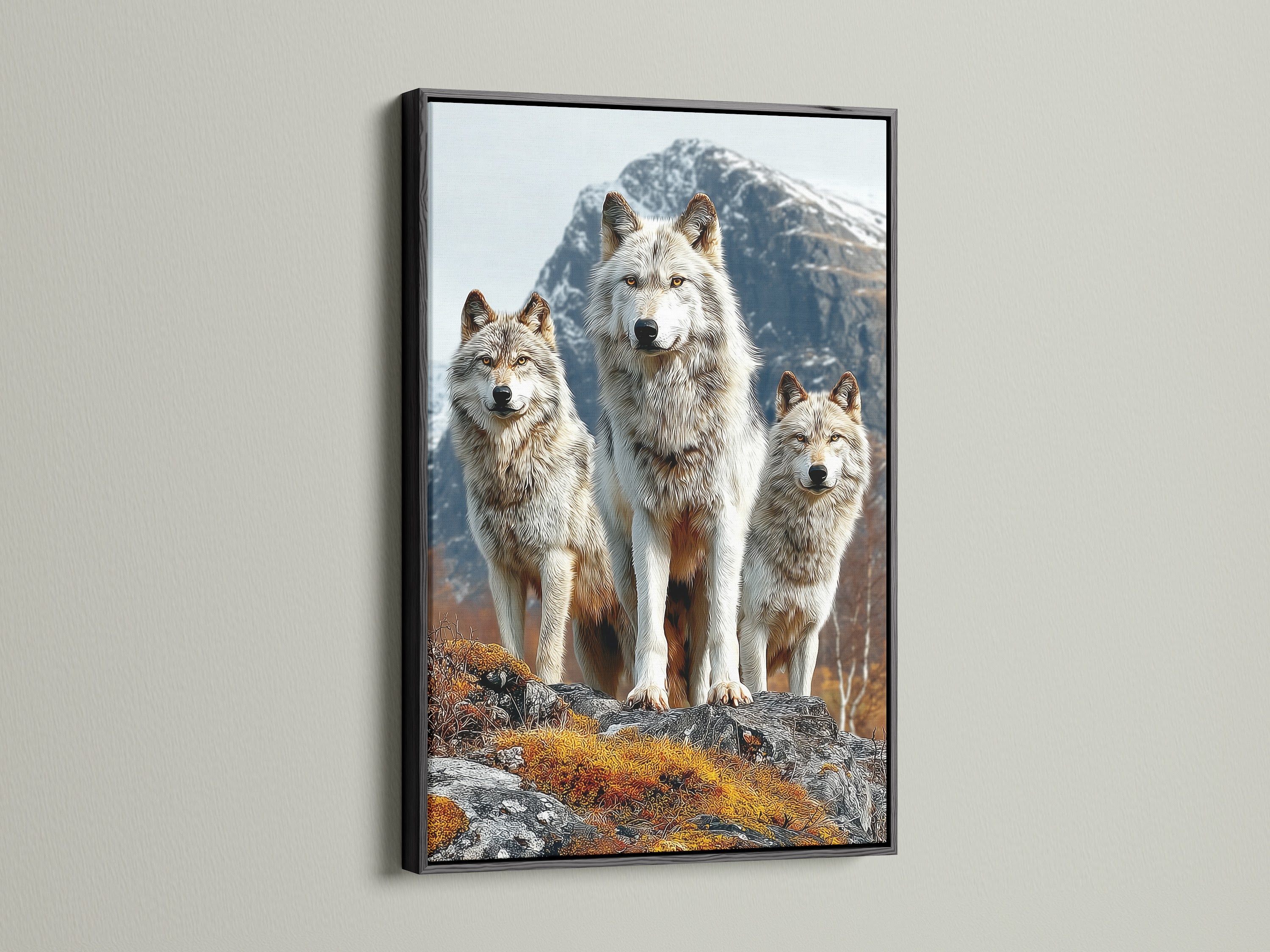Here is the wolf artwork showcased in a black frame. The wildlife print stands out with its contrast. This animal canvas offers a modern rustic touch. Ideal for industrial or eclectic styles. This canine art brings wilderness indoors.