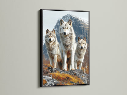 The wolf art canvas print in a sleek black frame adds sophistication to any room. The black frame creates a bold contrast with the wildlife print. This animal canvas is perfect for modern or rustic decor. Enhance your office or living room with this mountain wall art. The wolf pack artwork brings the beauty of nature indoors.
