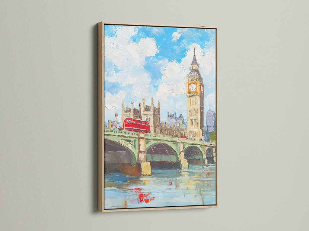 London Big Ben artwork in an oak frame. The British cityscape features Westminster Bridge. This fine art print adds a touch of London to any room. Ideal for living rooms offices and entryways.