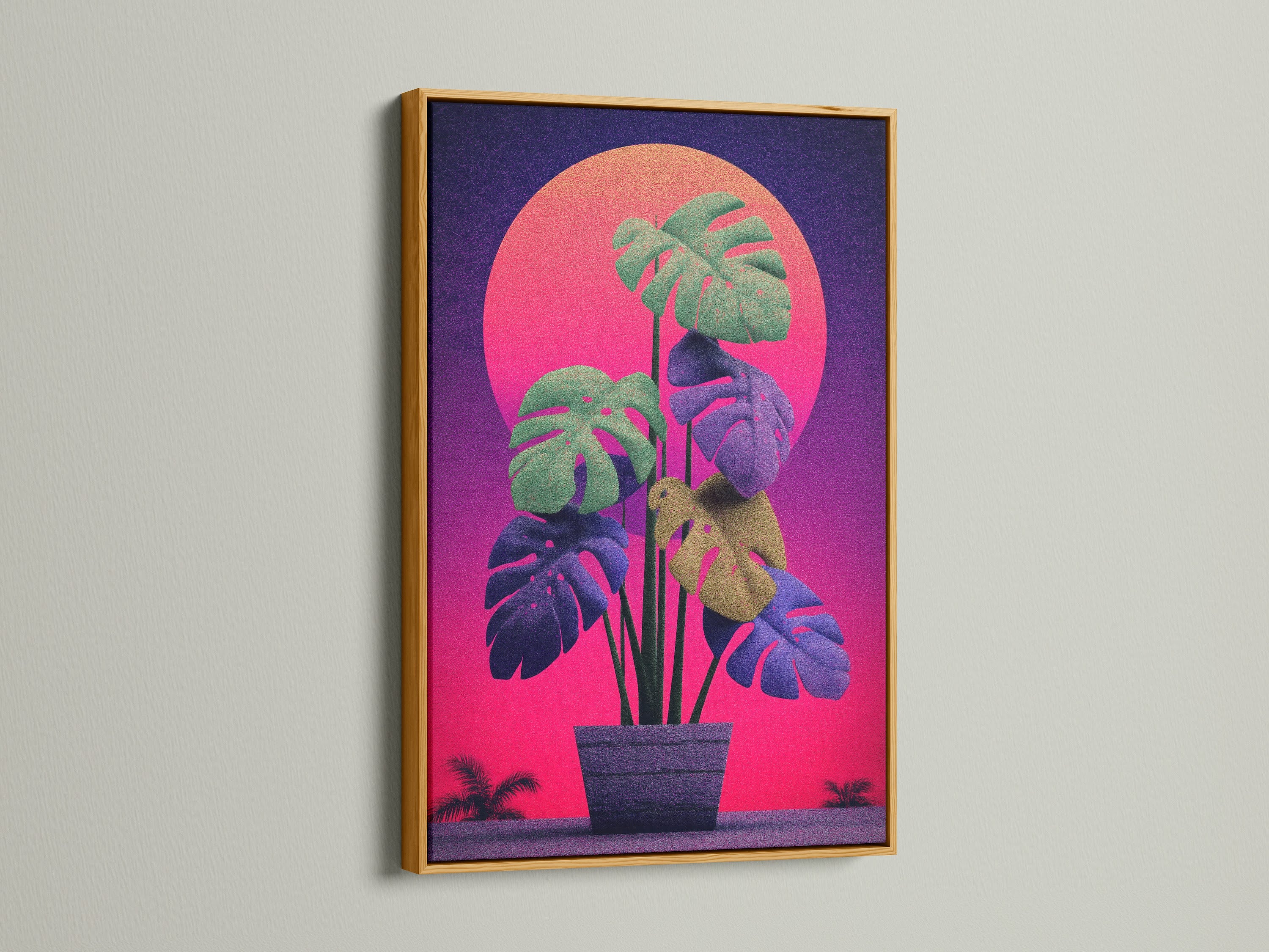 Monstera retro sunset artwork in a gold frame. The gold frame enhances the artwork's vibrant colors. The vaporwave art style adds a unique touch. Elevate your home or office with this stunning piece.