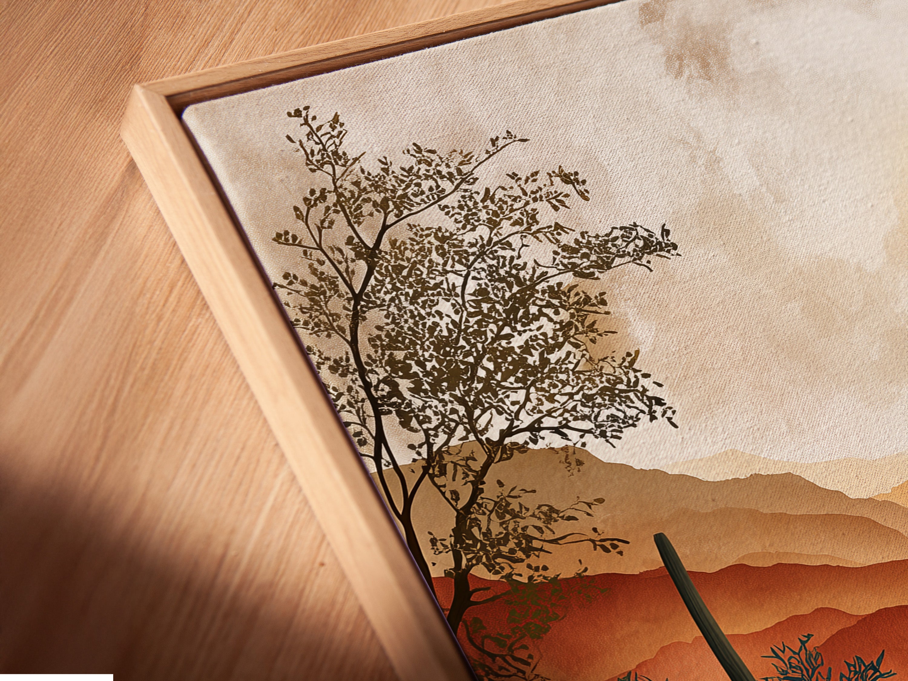 A close-up shot showcases a canvas print in a floating frame. The frame gives the artwork a modern and sophisticated look. The artwork appears to float within the frame. This highlights the art's details and colors. The floating frame enhances the art.