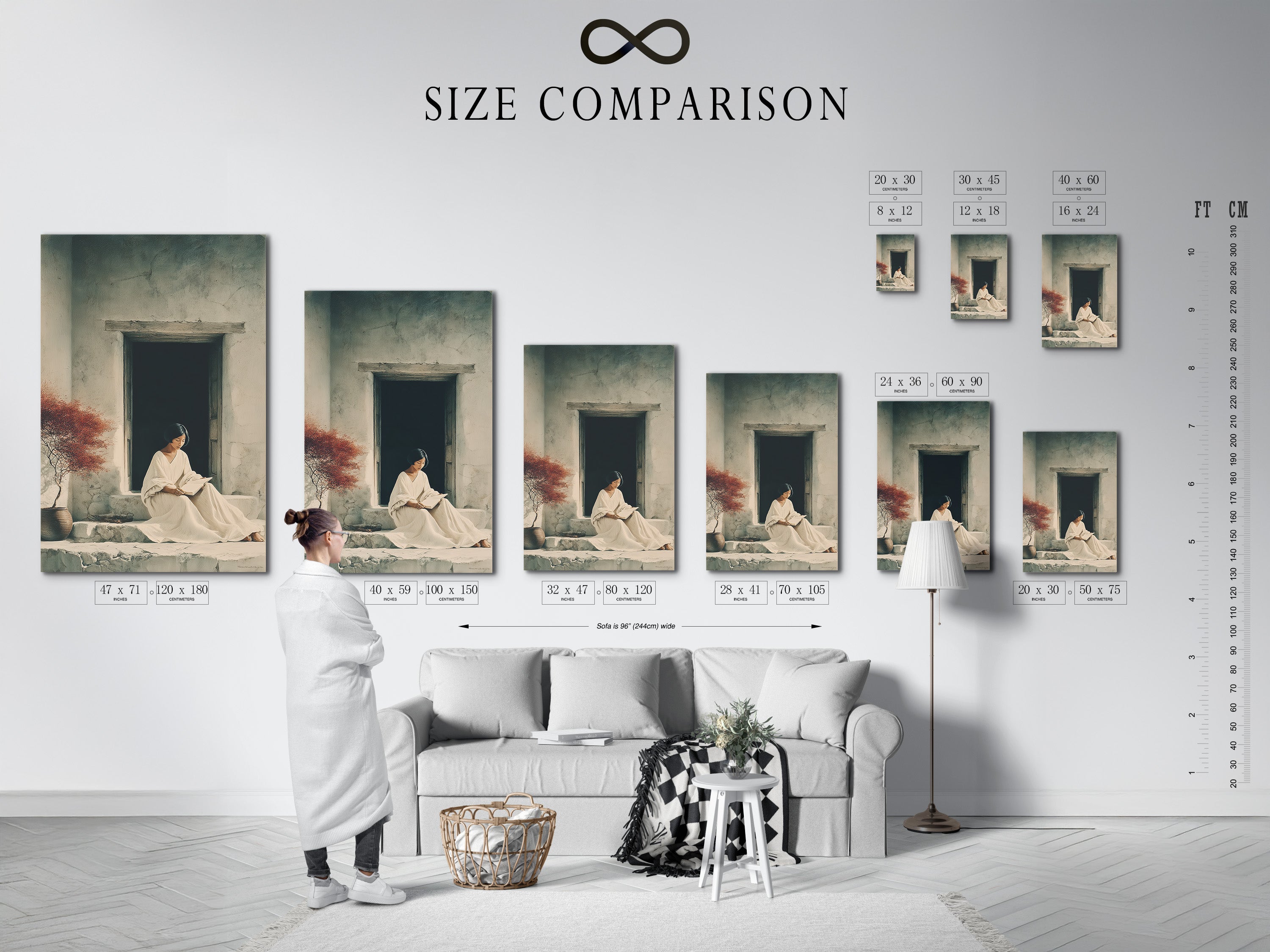 See our size comparison chart in an interior setting. Visualize the perfect size for your space. Our chart helps you choose the right artwork. Transform your home with the perfect piece. Explore our size options now.