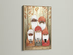 Gnome family art displayed in an oak frame. The artwork is a charming forest scene. The gnomes are depicted with modern touches. It brings a blend of nature and whimsy. Perfect wall decor for Scandinavian homes.