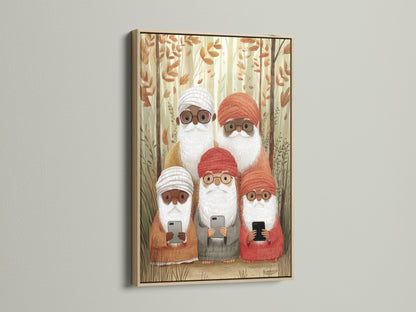 Gnome family art displayed in an oak frame. The artwork is a charming forest scene. The gnomes are depicted with modern touches. It brings a blend of nature and whimsy. Perfect wall decor for Scandinavian homes.