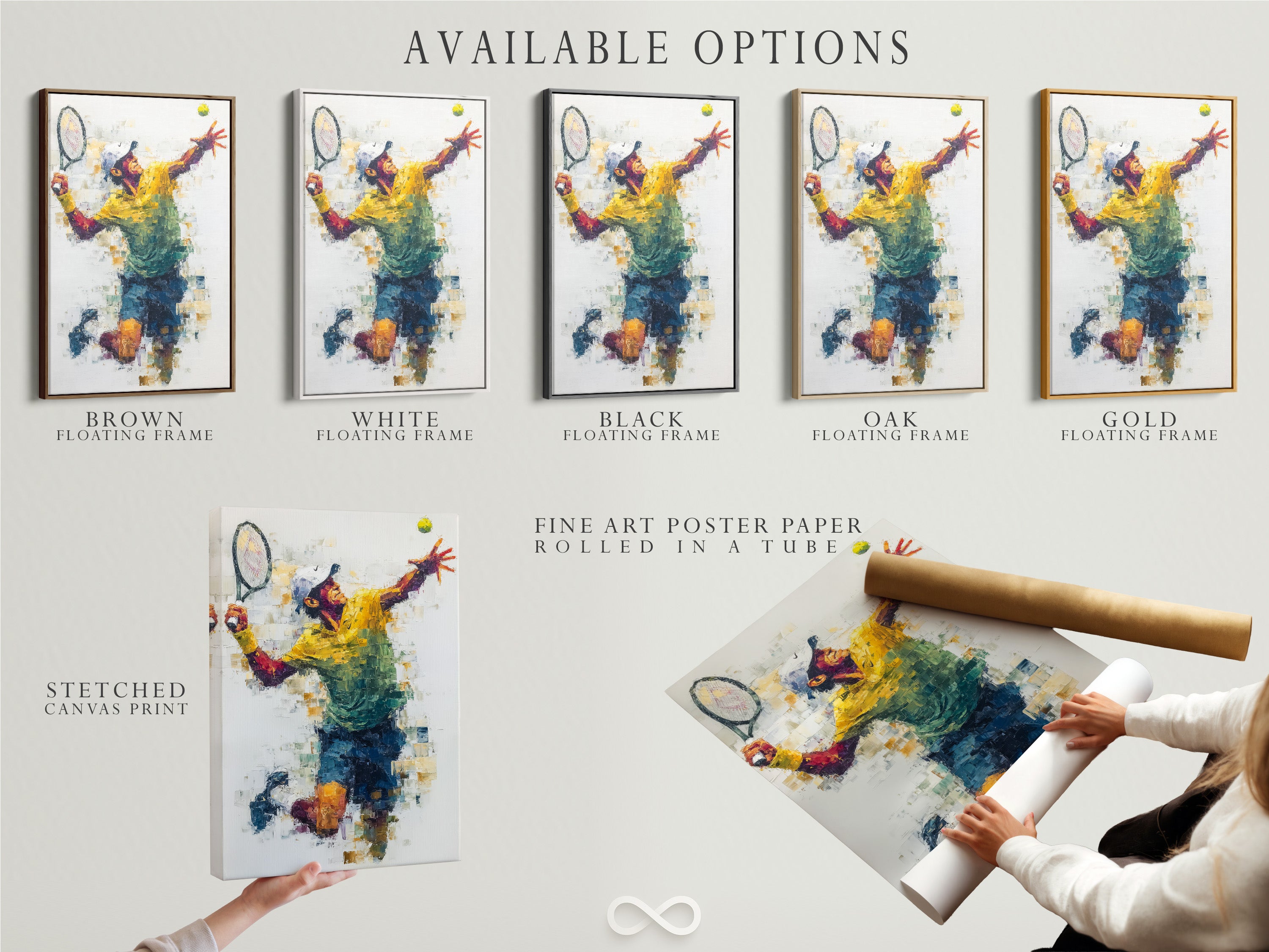 Discover available options for the Tennis Player Artwork. Choose from a stretched canvas print a fine art poster paper or a floating frame. Each option enhances the abstract sports art in its unique way. Find the perfect fit for your style and space with tennis wall art.