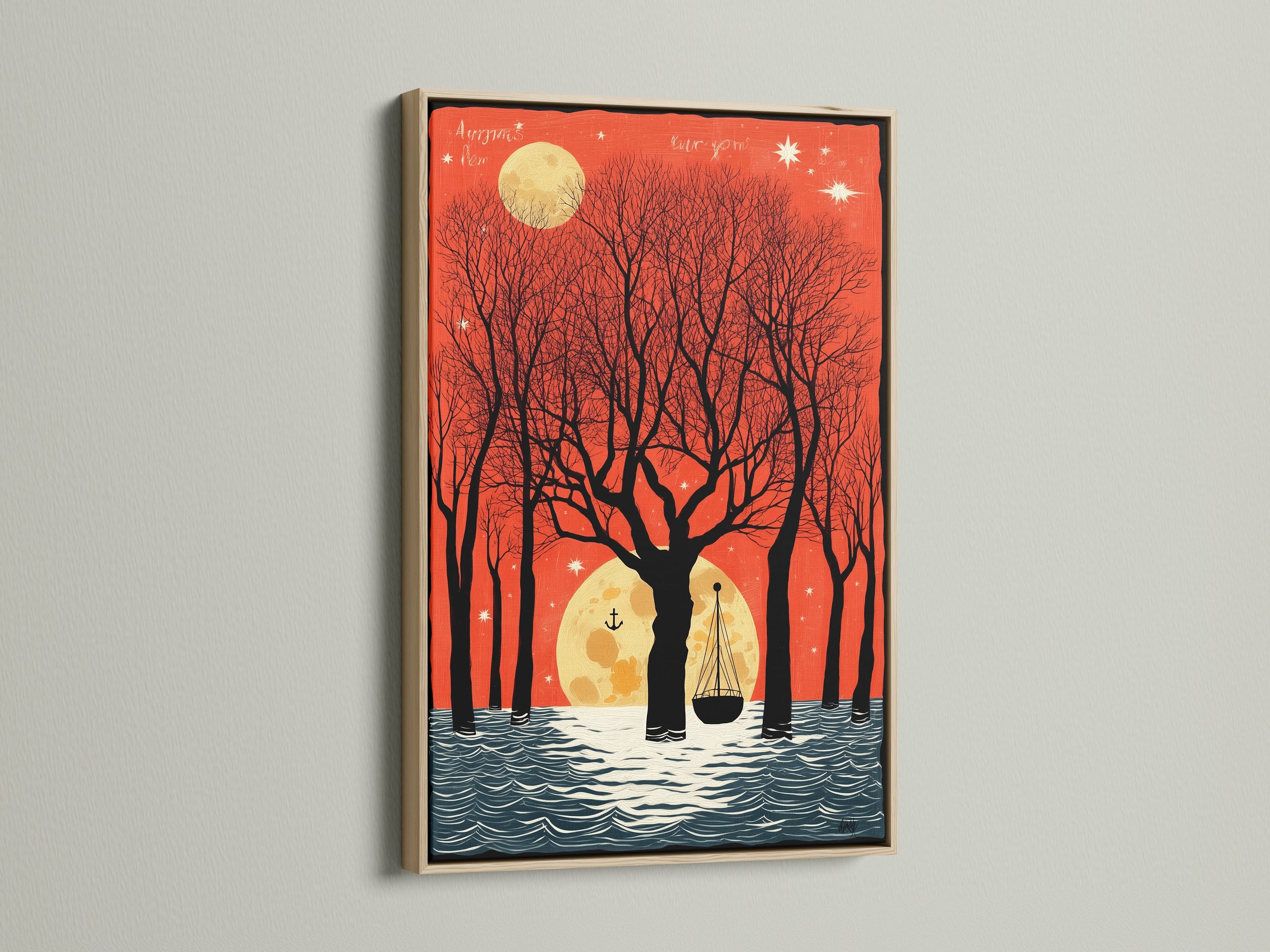 A moonlit boat artwork framed in oak. This vintage seascape brings a touch of the coast indoors. The red sky print offers a unique aesthetic for your living space. Enhance your home with this nautical wall decor.