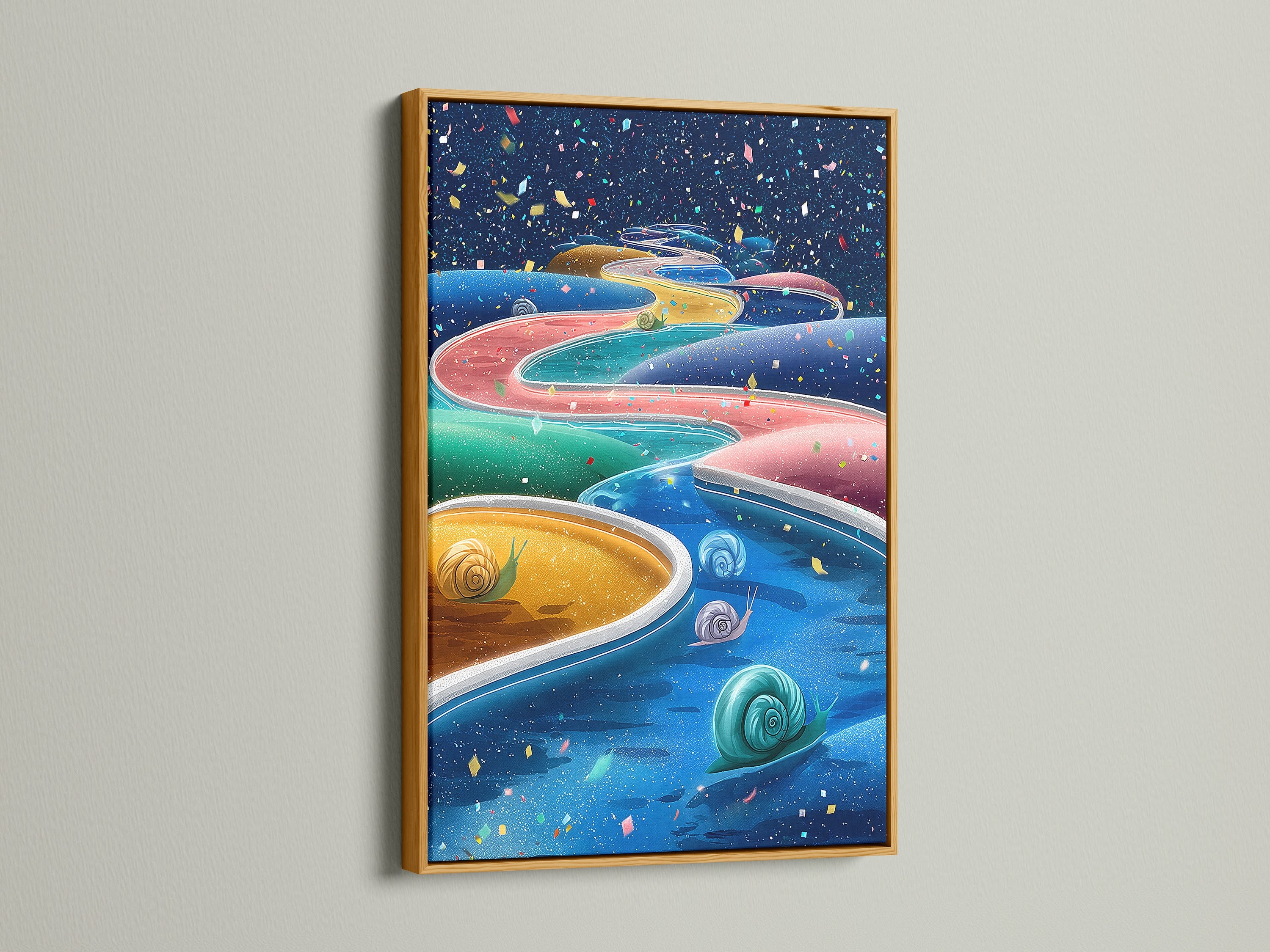 Whimsical snail artwork in a gold frame. This colorful abstract artwork is great for kids room decor. The turquoise blue artwork adds a playful touch. The snail canvas is a modern print. It brings imagination to nurseries and bedrooms.