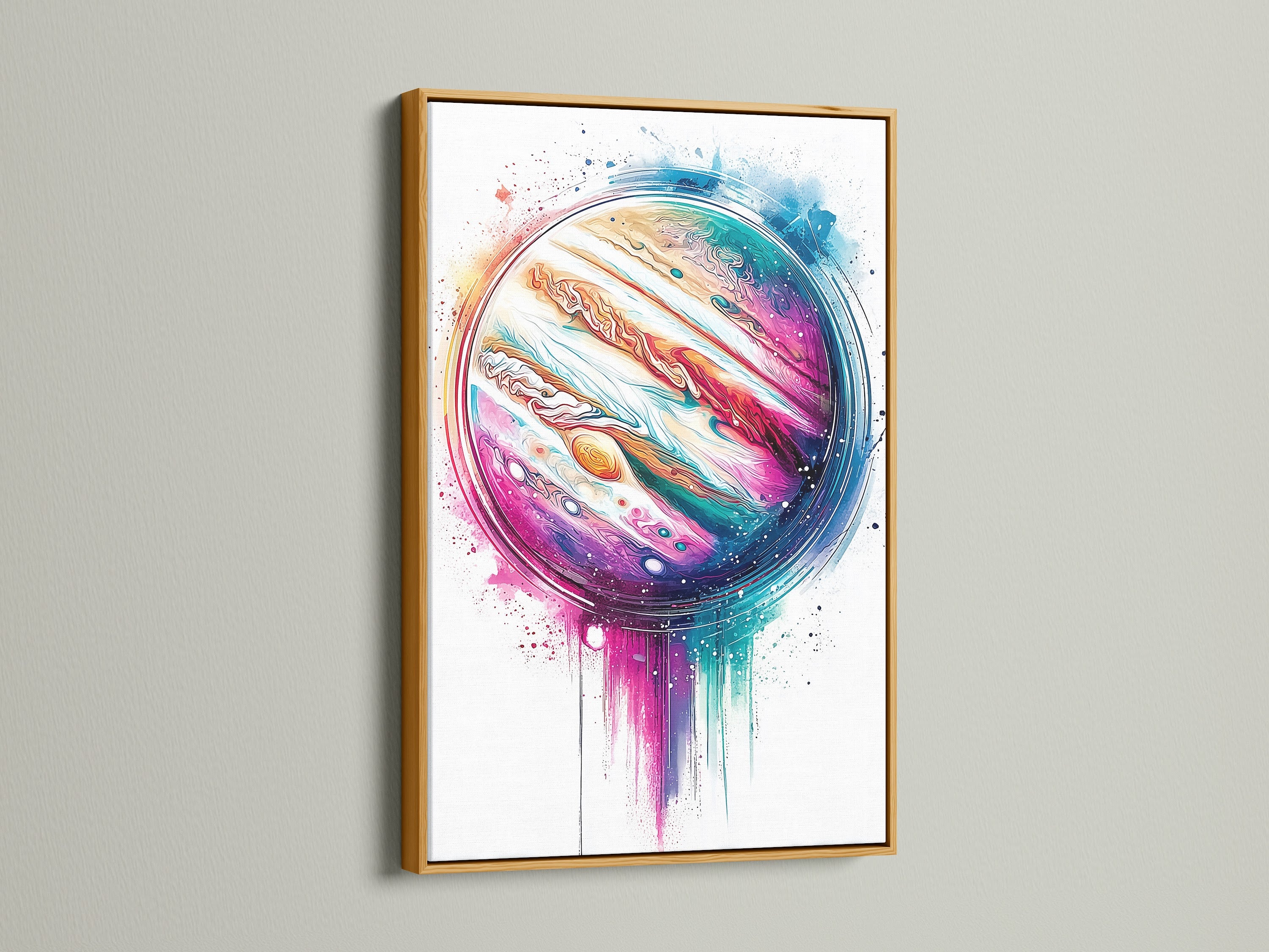 Gold Frame featuring Jupiter Abstract Canvas Print. This modern celestial artwork is sure to impress. The colorful planet wall art is perfect cosmic decor. Fits minimalist Scandinavian or eclectic styles.