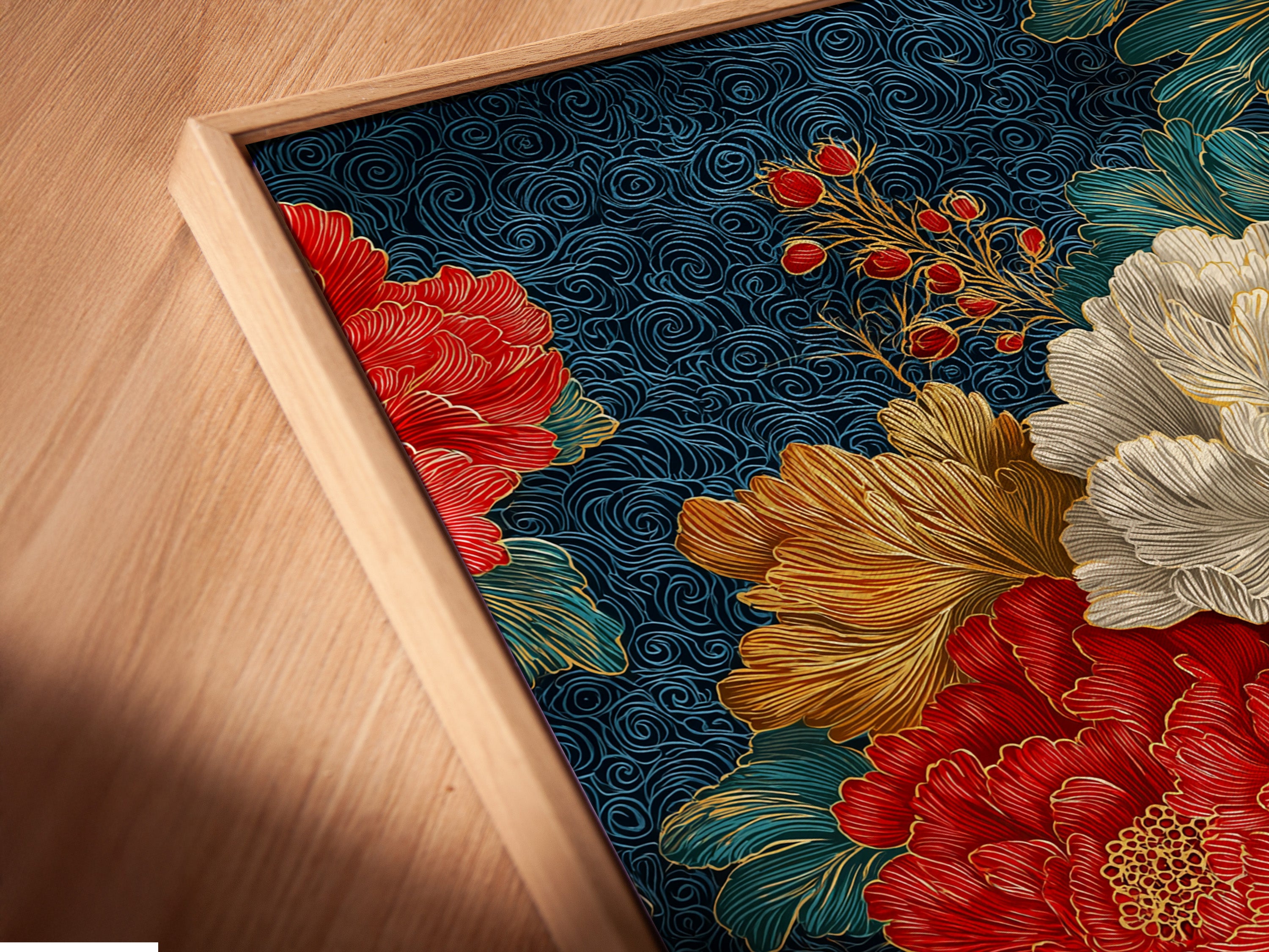 Japanese Floral Wall Art - Navy Blue Peony Canvas Print, Oriental Botanical Art for Living Room Decor