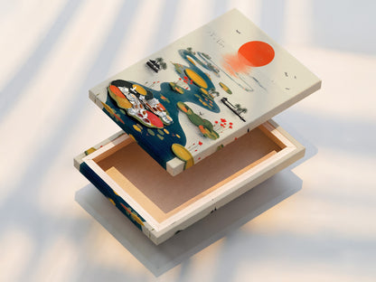 Close-up of a stretched canvas print featuring the Asian Tea Ceremony artwork. This oriental wall art showcases a serene lotus pond. The stretched canvas ensures the artwork is ready to hang and enjoy. Perfect for adding a touch of tranquility to living rooms bedrooms and dining areas. 