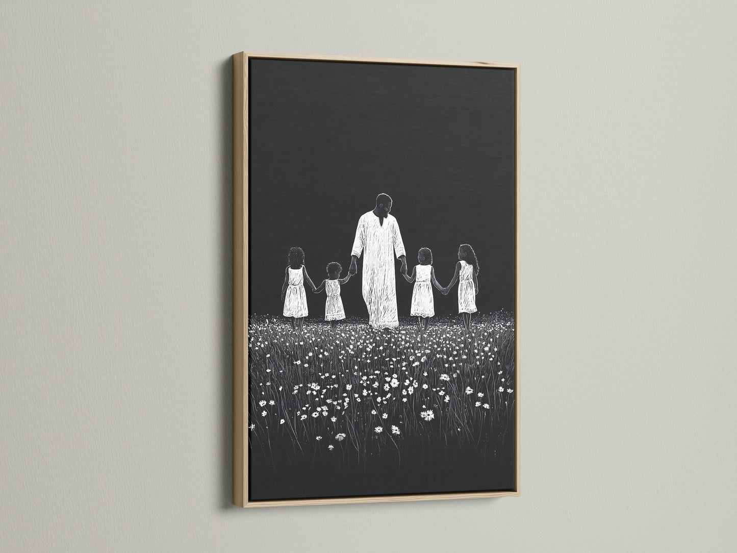 Artwork with an oak frame. The art features a symbolic depiction. It shows a man holding hands with children in a field of flowers. The oak frame enhances the artwork. It provides a natural and timeless aesthetic.