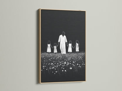 Artwork with an oak frame. The art features a symbolic depiction. It shows a man holding hands with children in a field of flowers. The oak frame enhances the artwork. It provides a natural and timeless aesthetic.