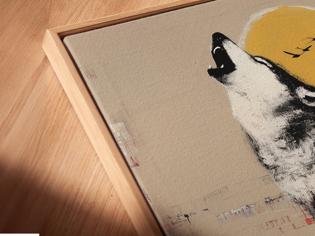 Close-up angled view of a canvas print in a floating frame. This rustic wildlife wall art features a howling wolf under the moon. Perfect for adding nature-inspired artwork to your home. It will bring a touch of the wilderness indoors.