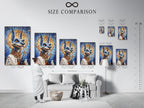 A size comparison chart displayed in an interior setting. The chart showcases various sizes of the Anubis Mosaic Artwork Print. This is an Egyptian God Art piece. It features blue and gold religious imagery. It is helpful for visualizing artwork in different spaces.